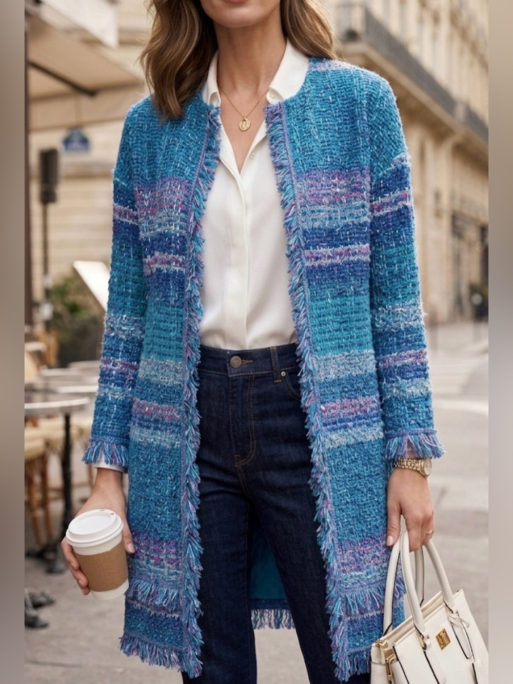 RARE NWT St. John Collection "Lagoon Multi" Tweed Fringe Cardigan Duster Coat